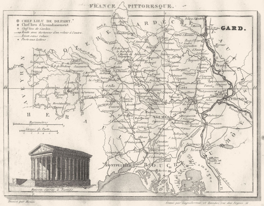 GARD. Département du Gard 1835 old antique vintage map plan chart