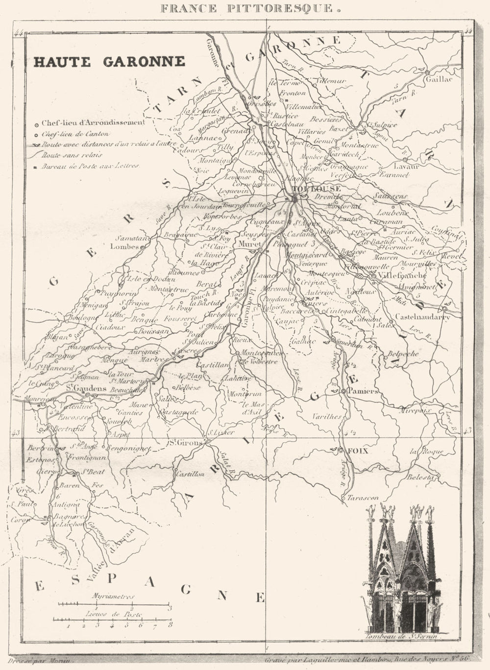 HAUTE-GARONNE. Département de la Haute-Garonne 1835 old antique map plan chart