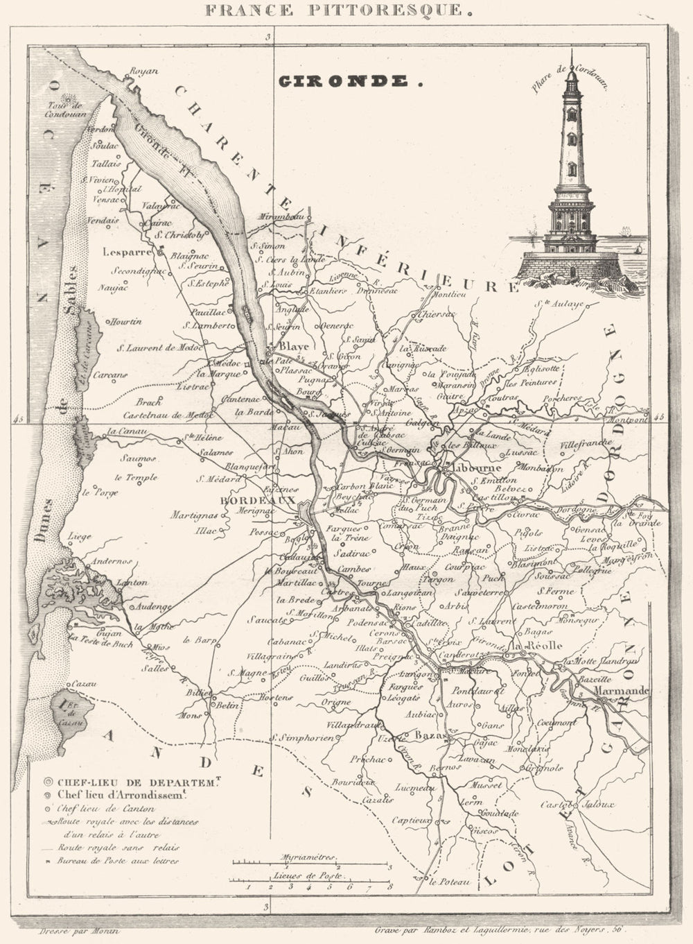 GIRONDE. Département de la Gironde 1835 old antique vintage map plan chart