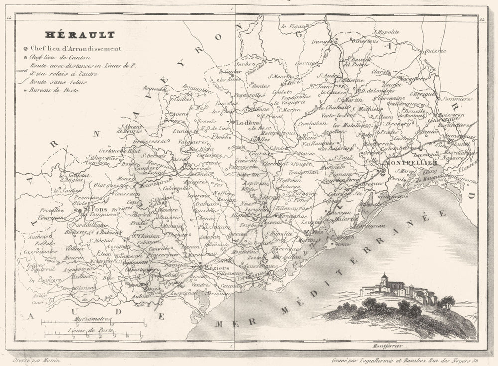 HÉRAULT. Département de I'Hérault 1835 old antique vintage map plan chart