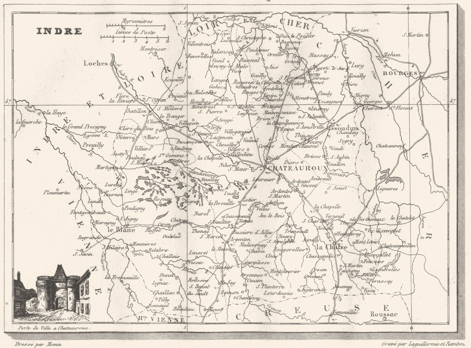 INDRE. Département de l'Indre 1835 old antique vintage map plan chart ...