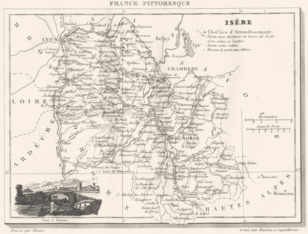 ISÈRE. Département de l'Isère 1835 old antique vintage map plan chart
