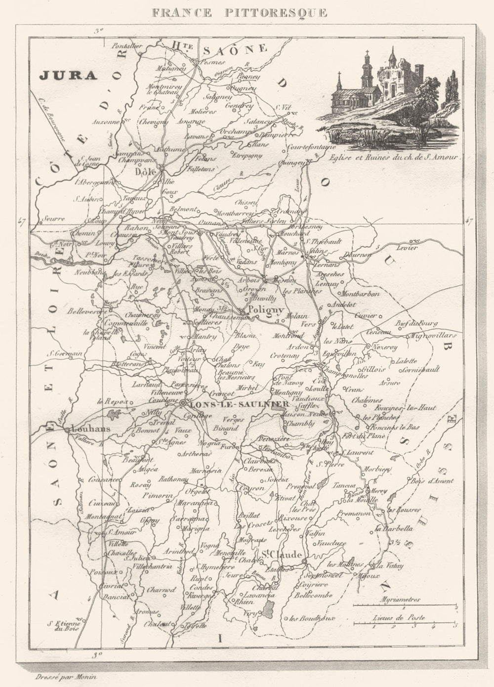 JURA. Département du Jura 1835 old antique vintage map plan chart
