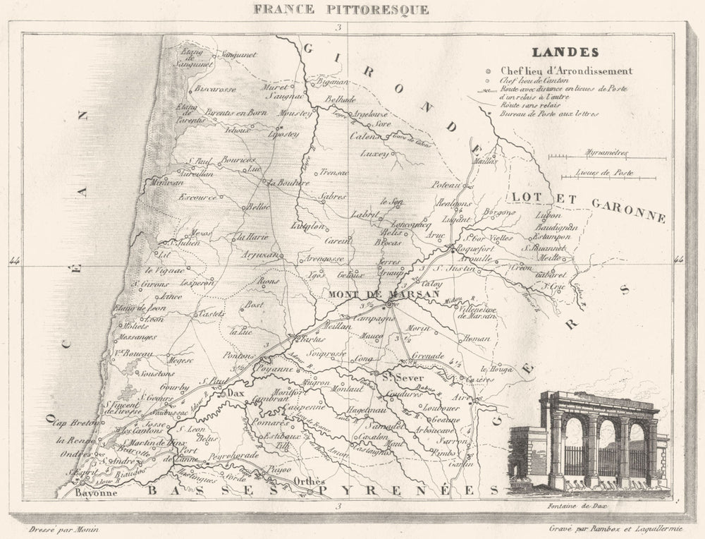 LANDES. Département des Landes 1835 old antique vintage map plan chart