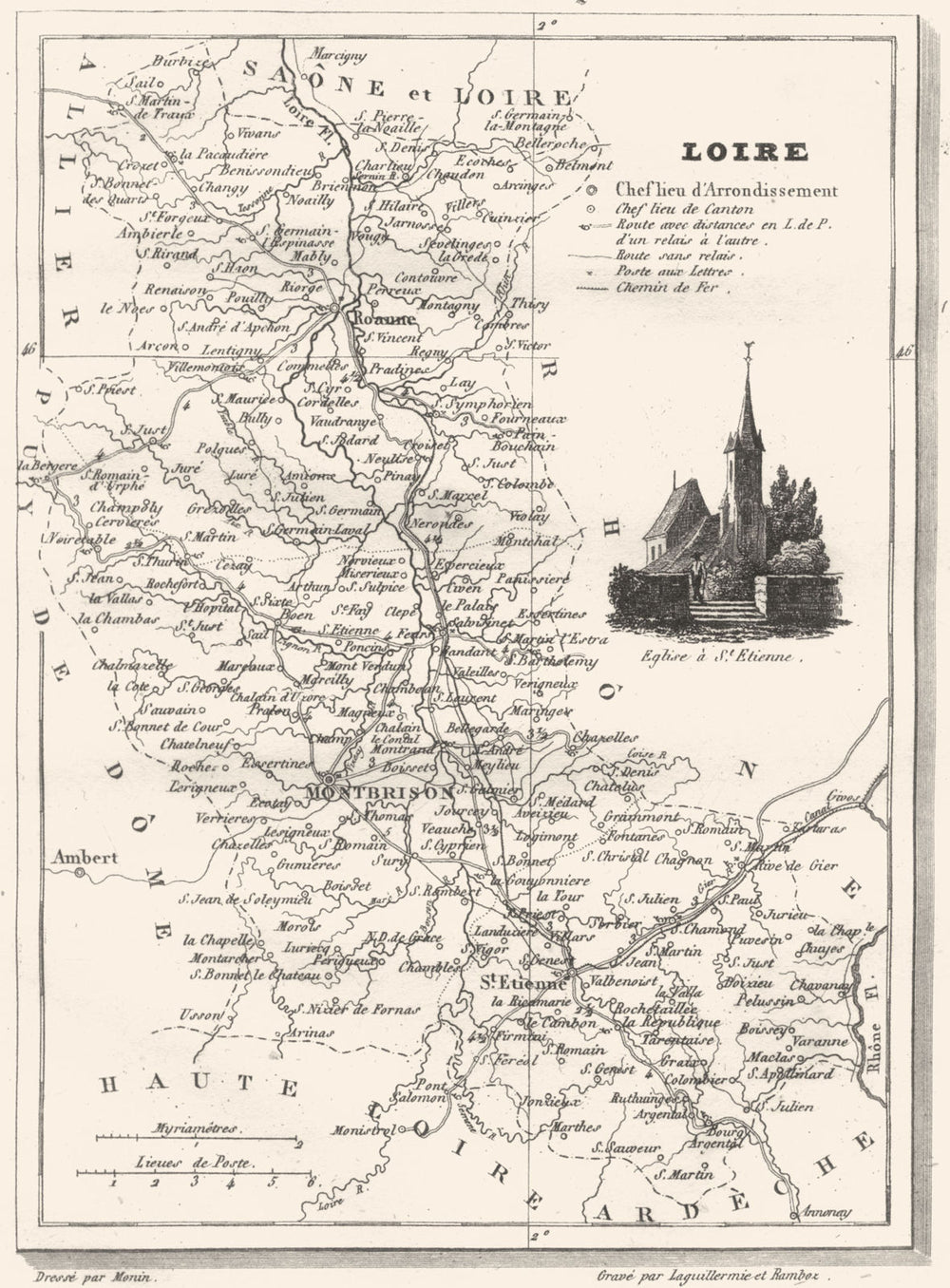 LOIRE. Département de la Loire 1835 old antique vintage map plan chart