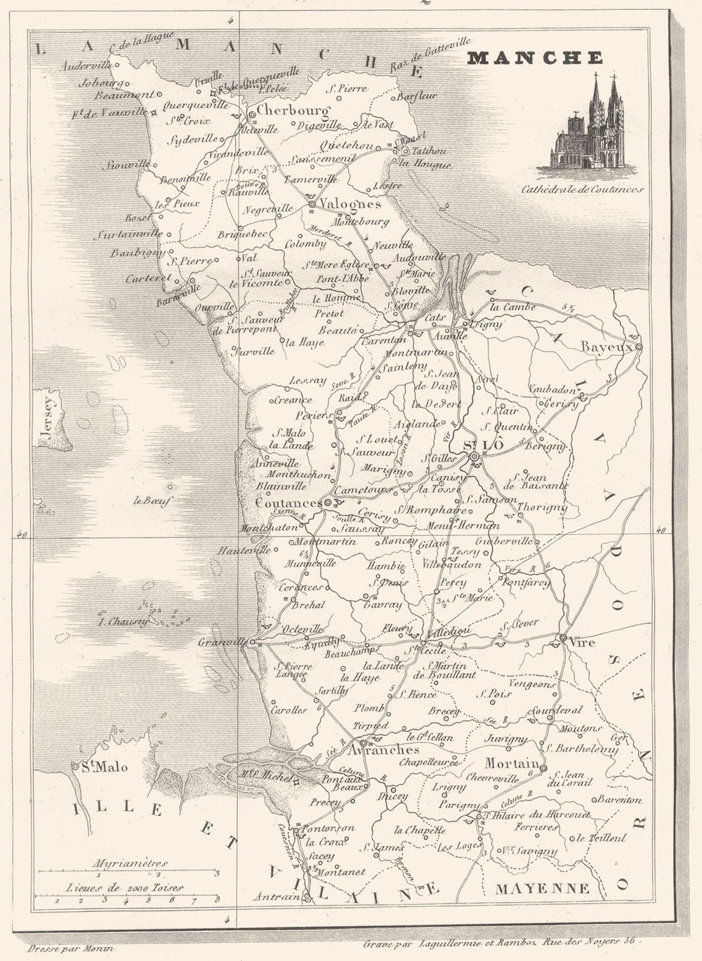 MANCHE. Département de la Manche 1835 old antique vintage map plan chart