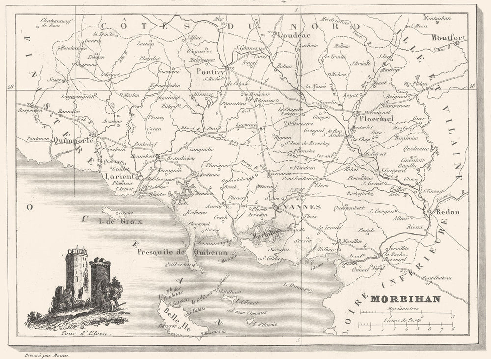 MORBIHAN. Département du Morbihan 1835 old antique vintage map plan chart