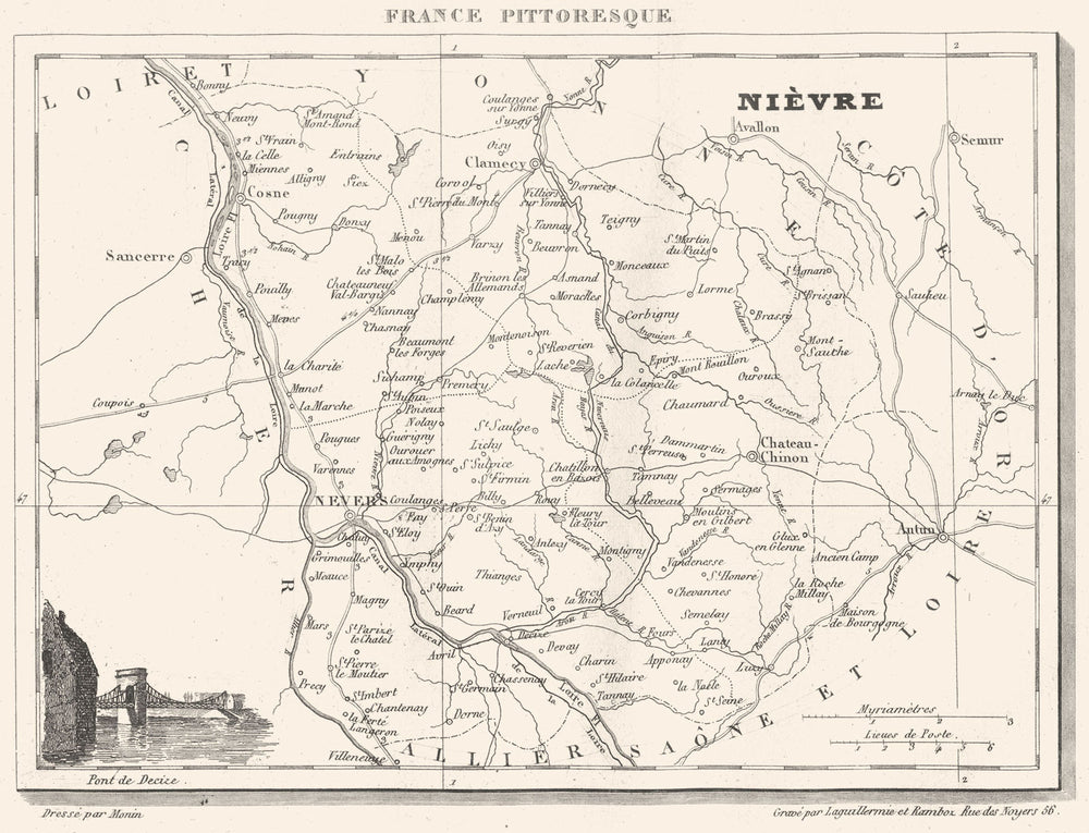 NIÈVRE. Département de la Nièvre 1835 old antique vintage map plan chart