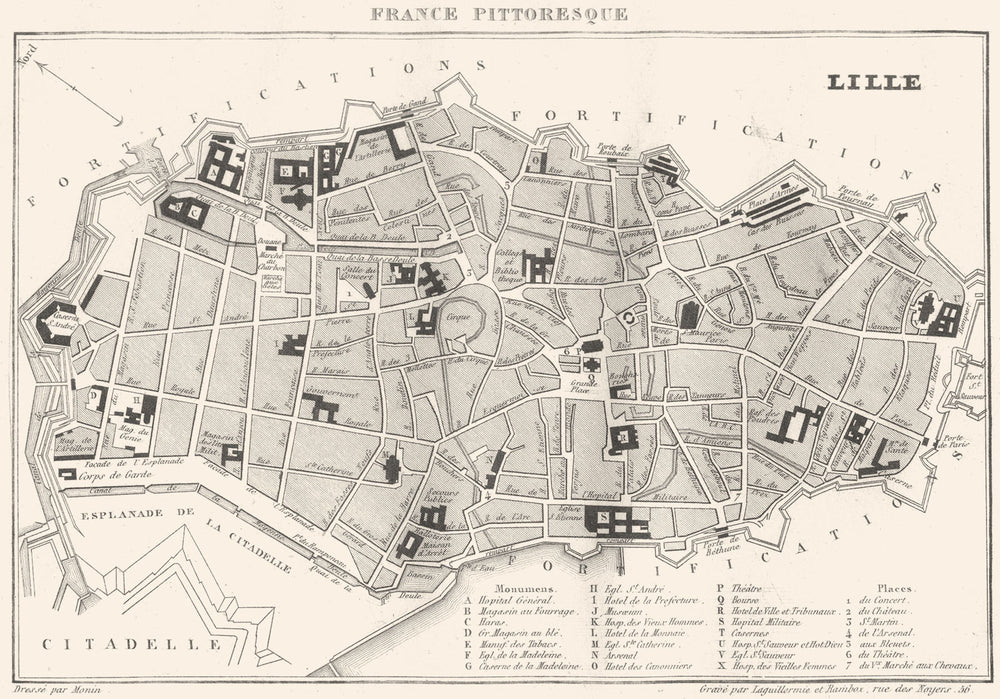 LILLE. Town plan 1835 old antique vintage map chart
