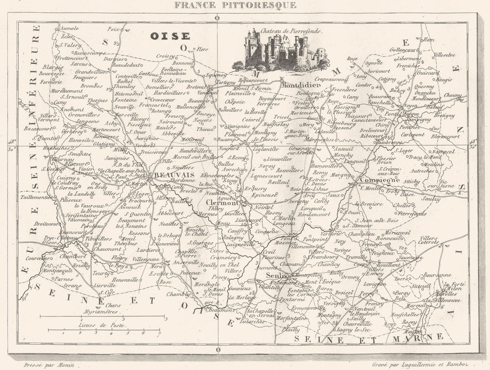 OISE. Département de l'Oise 1835 old antique vintage map plan chart