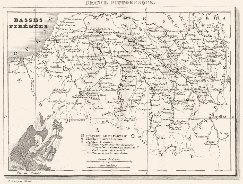 PYRÉNÉES-ATLANTIQUES. Basses-Pyrénées 1835 old vintage map plan chart