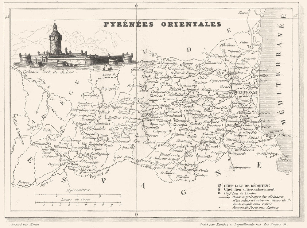 PYRÉNÉES-ORIENTALES. Pyrénées-Orientales 1835 old antique map plan chart