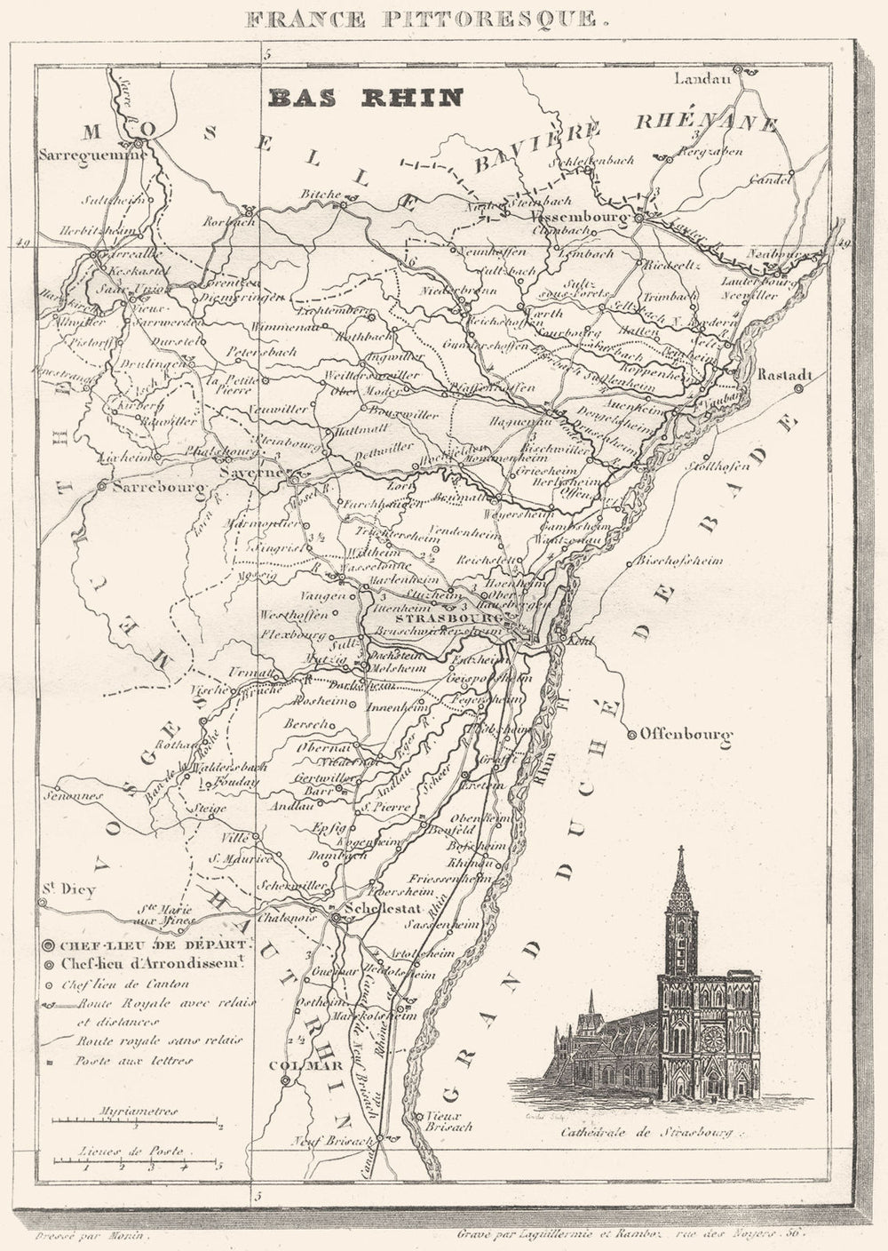 BAS-RHIN. Département du Bas-Rhin 1835 old antique vintage map plan chart