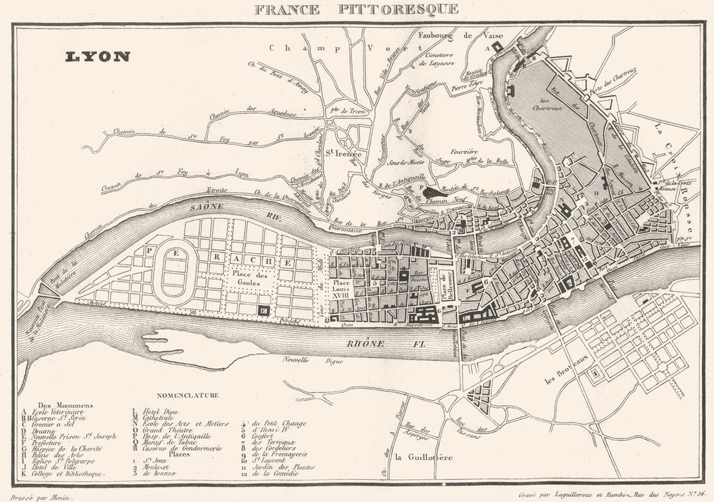 LYON. Town  city plan 1835 old antique vintage map chart