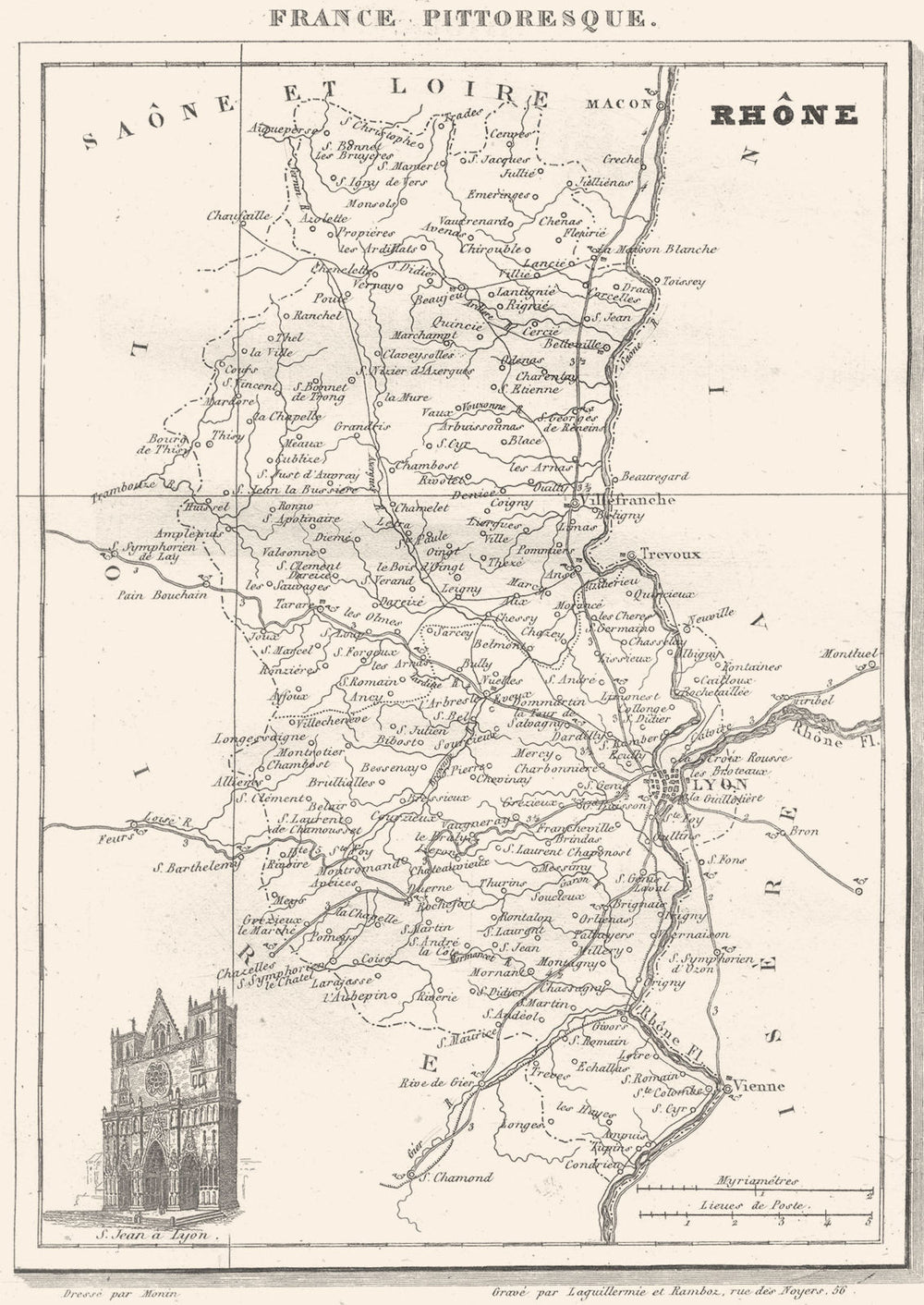 RHÔNE. Département du Rhône 1835 old antique vintage map plan chart