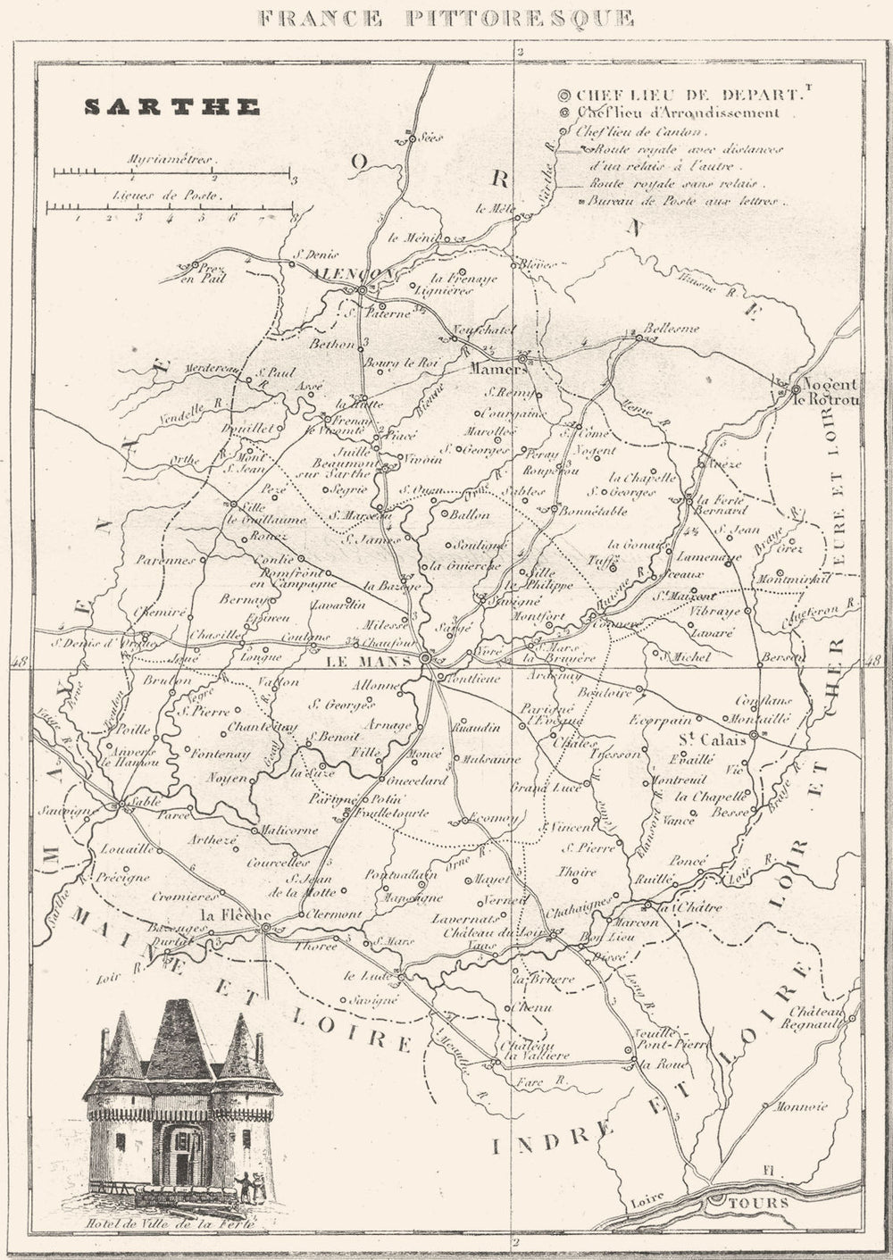 SARTHE. Département de la Sarthe 1835 old antique vintage map plan chart