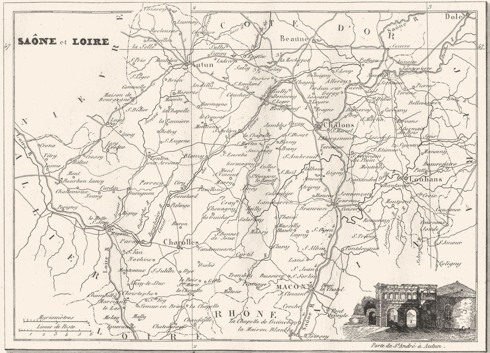 SAÔNE-ET-LOIRE. Departement de Saône-et-Loire 1835 old antique map plan chart