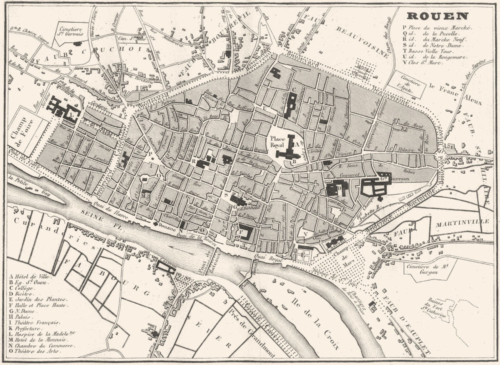 SEINE-MARITIME. Seine-Inférieure. Rouen town city plan 1835 old antique map