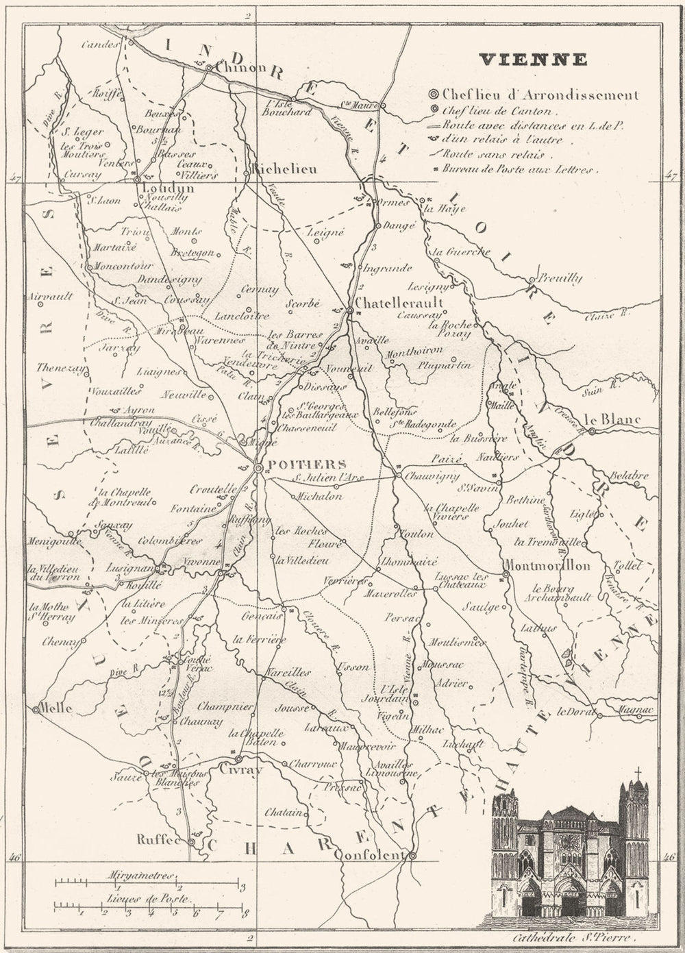 FRANCE. Département de la Vienne 1835 old antique vintage map plan chart
