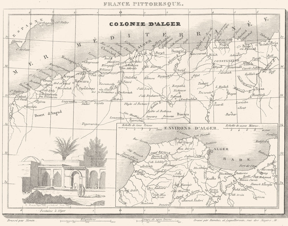 ALGERIA. État d'Alger. Colonie D'Alger 1835 old antique vintage map plan chart