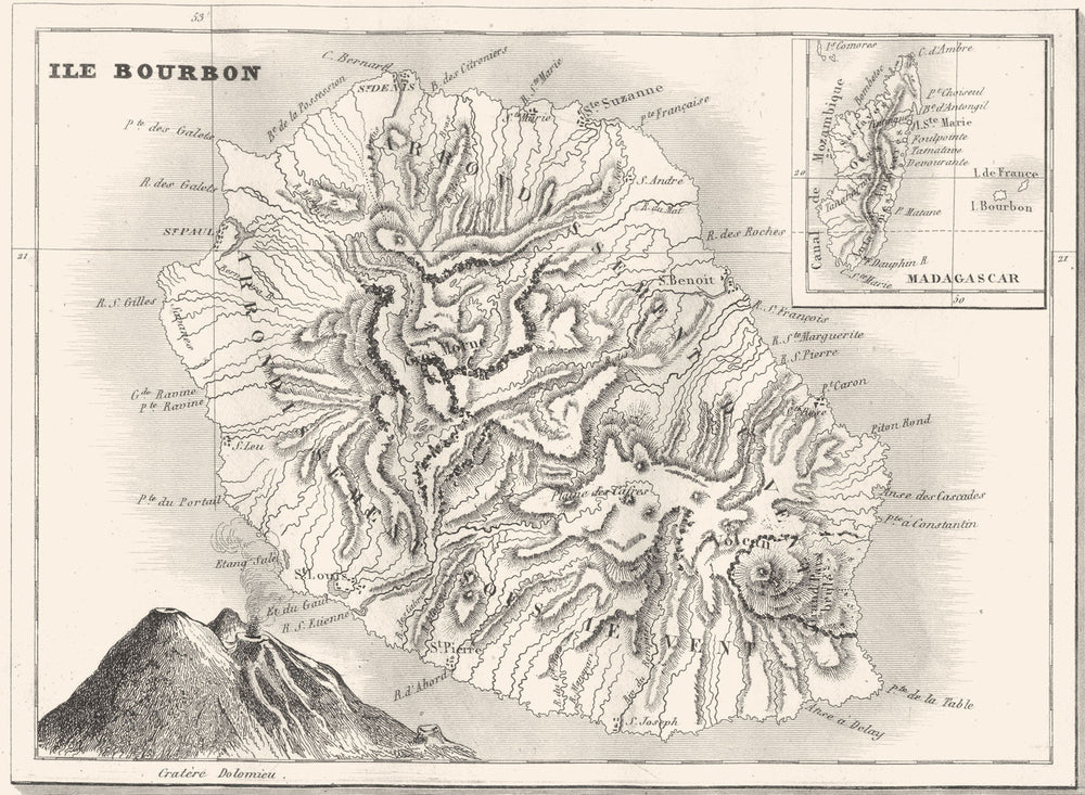 RÉUNION. Île Bourbon (Reunion) . Inset map of Madagascar 1835 old antique