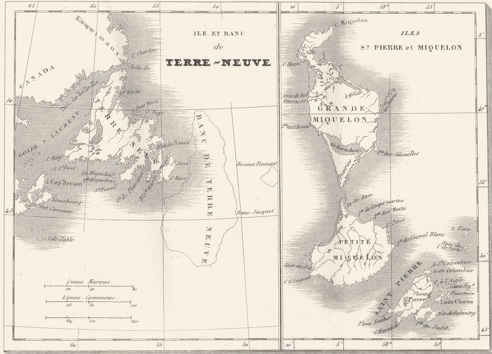 ATLANTIC OCEAN. Ile banc Terre-Neuve; IIes St. Pierre Miquelon 1835 old map