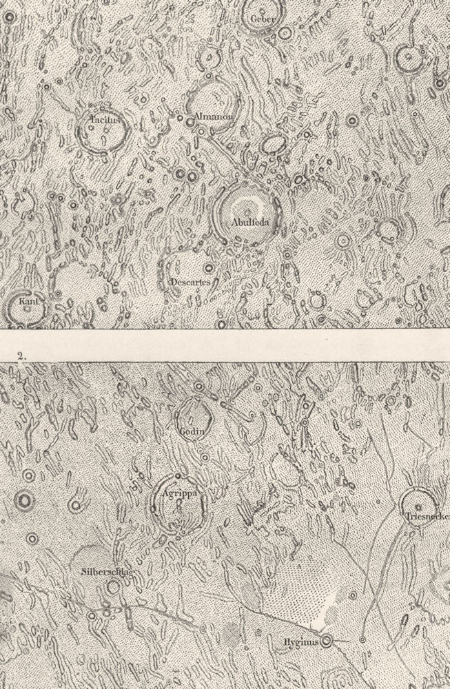 MOON. Lunar Topography; Abulfeda Almanon craters, grooves Sinus Medii 1877 map