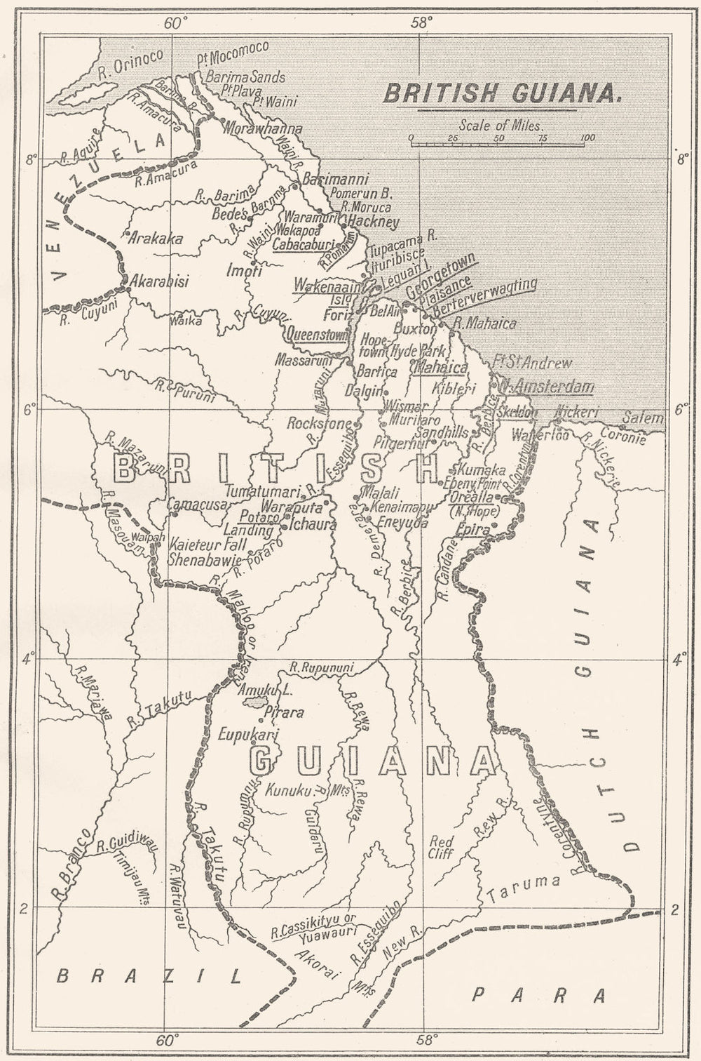 GUYANA. Guyana; S. P. G. Mission Stations are underlined.  1922 old map
