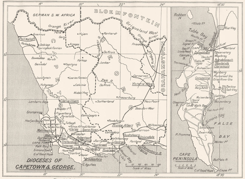 SOUTH AFRICA. Dioceses of Capetown & George; Cape Peninsula 1922 old map