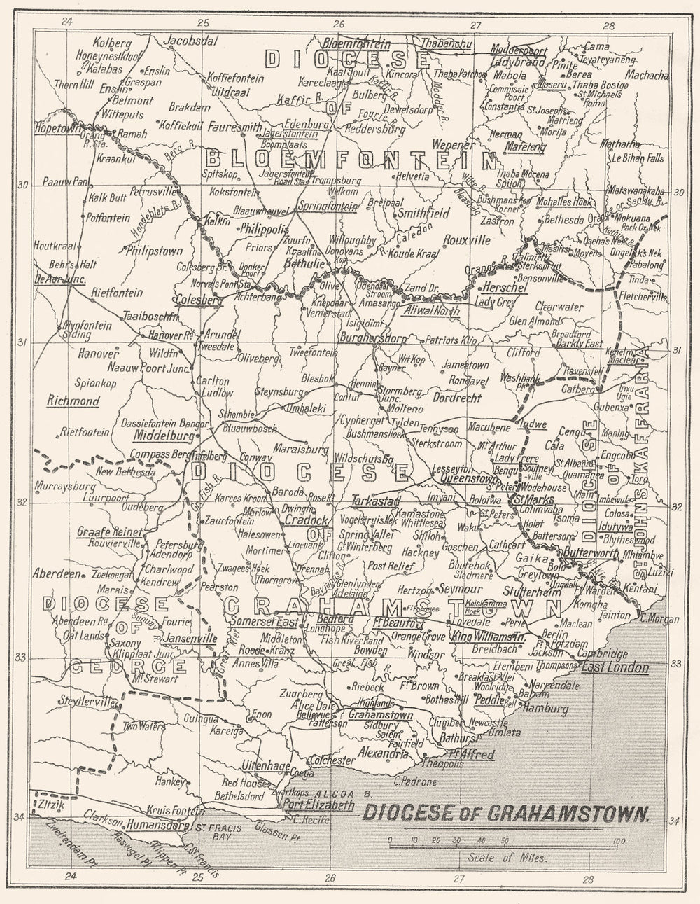 SOUTH AFRICA. Diocese of Grahamstown; Mission stations Anglican 1922 old map