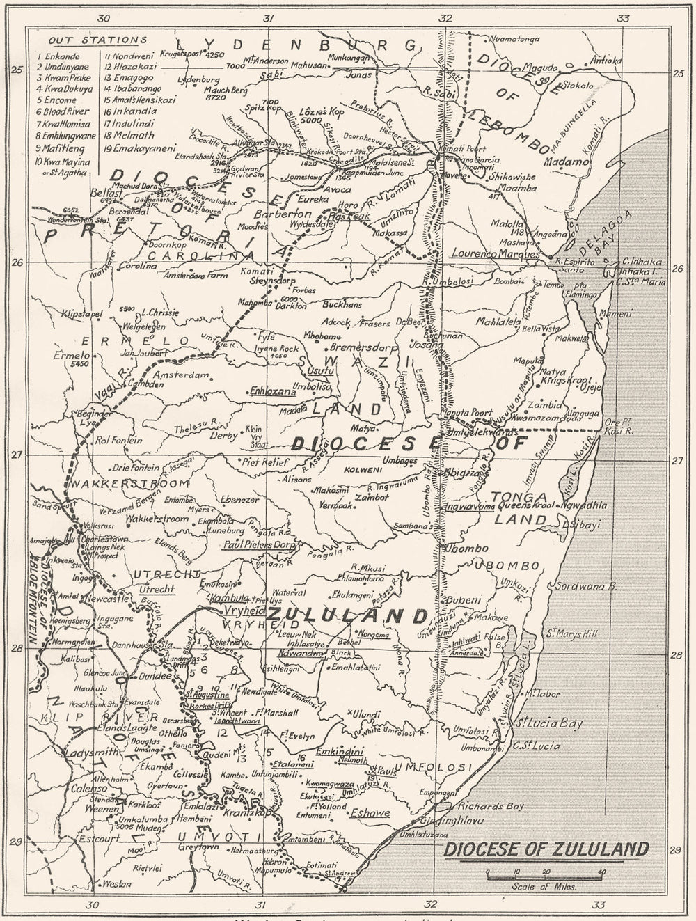 SOUTH AFRICA. Diocese of Zululand; Mission stations are underlined 1922 map
