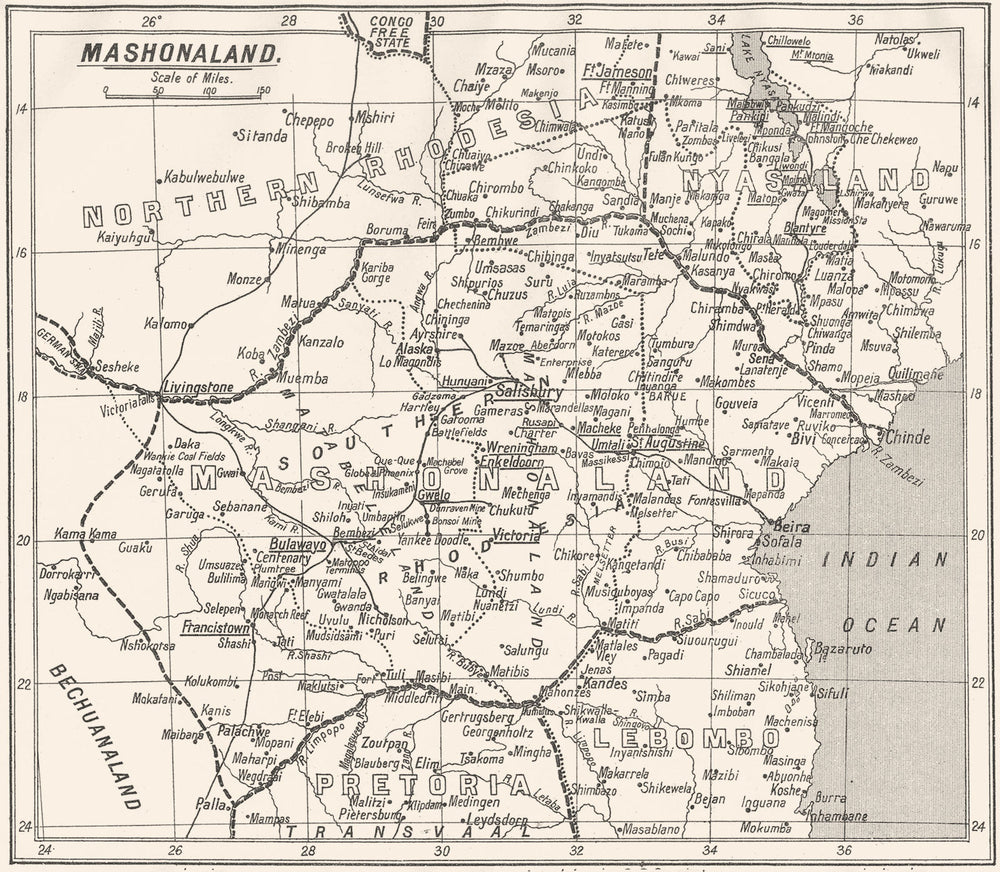 ZIMBABWE. Mashonaland; Diocese of; International Boundaries Diocesan 1922 map
