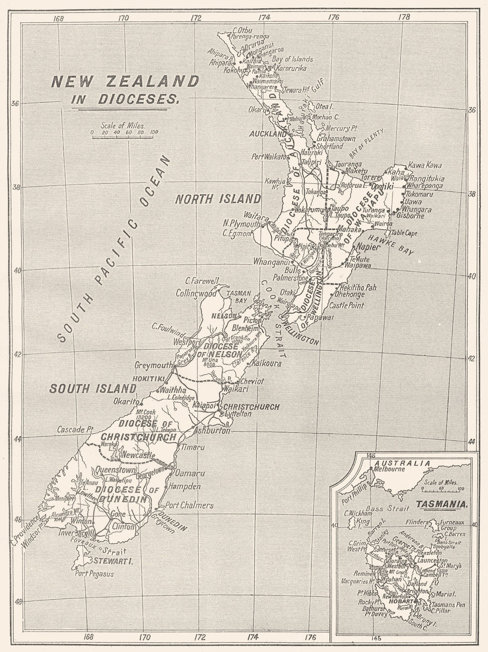 NEW ZEALAND. New Zealand in Dioceses; Inset map of Tasmania 1922 old