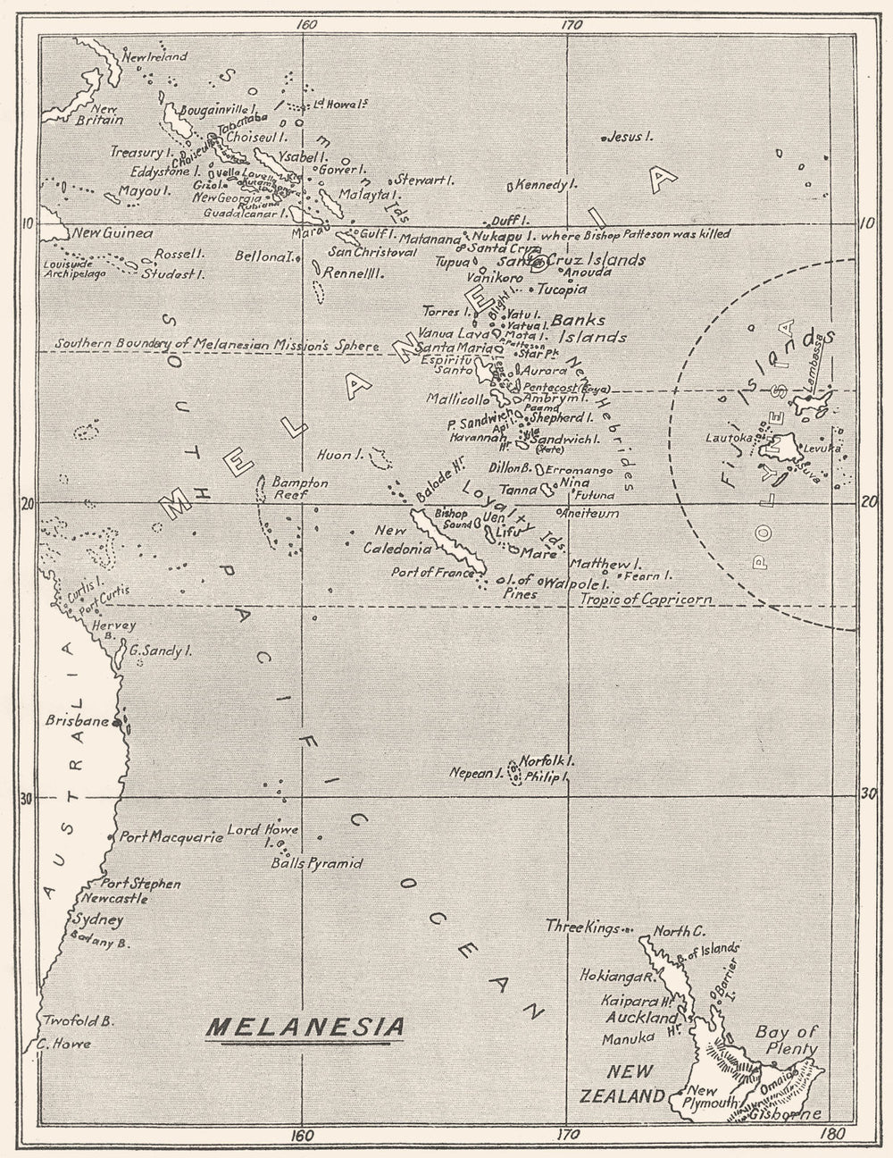 PACIFIC OCEAN. Melanesia. Dioceses 1922 old antique vintage map plan chart