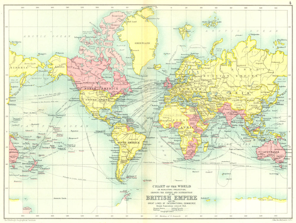 BRITISH EMPIRE. Chart Mercators projection (Pink). International trade 1909 map