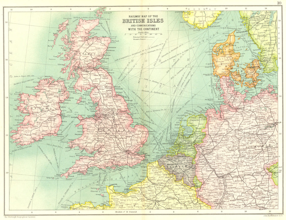 BRITISH ISLES. Railways. Steamer routes France Belgium Holland Germany 1909 map