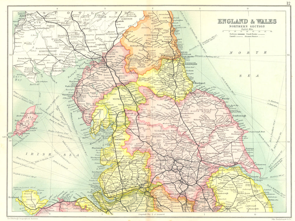 NORTHERN ENGLAND. Showing railways canals coach & steamer routes 1909 old map