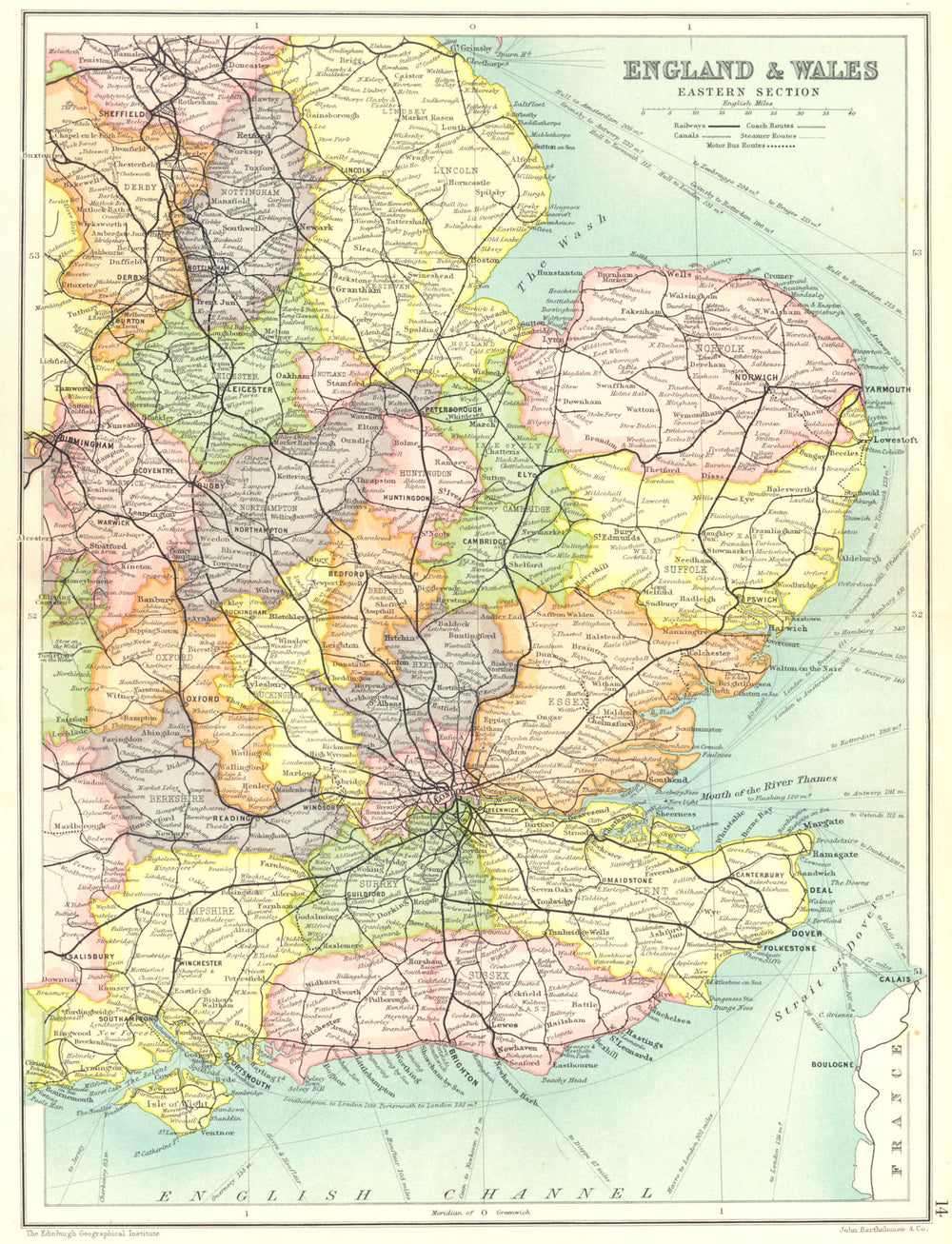 SOUTH & EAST ENGLAND.Shows railways canals coach bus & steamer routes 1909 map