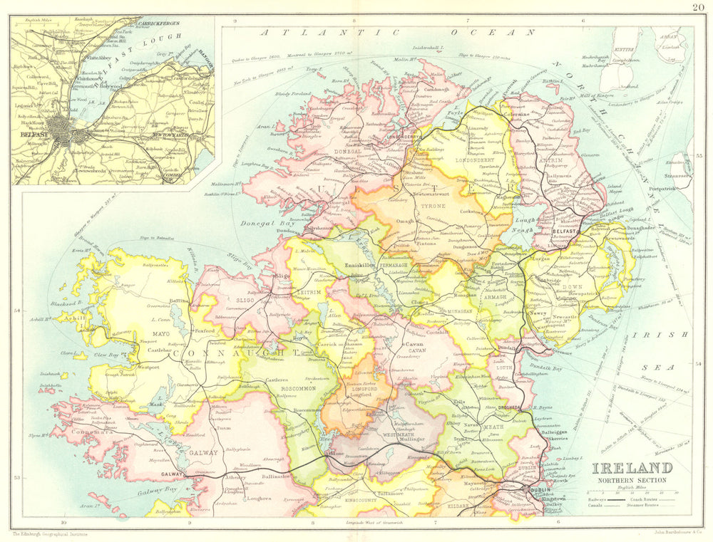 IRELAND NORTH. Ulster Connaught Belfast.Counties railways coach canals 1909 map