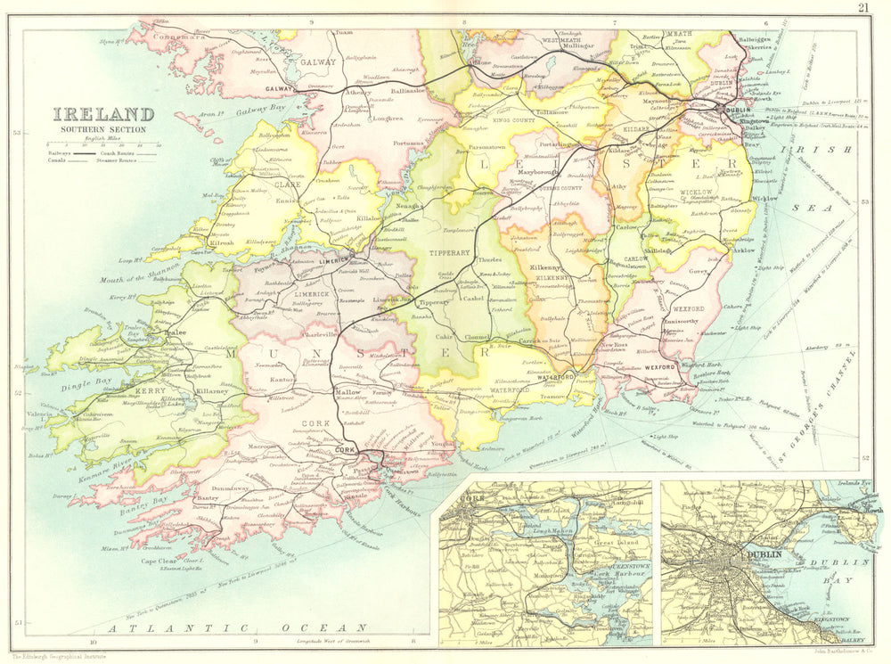 IRELAND SOUTH. Munster Leinster;Cork Dublin. Counties railways canals 1909 map