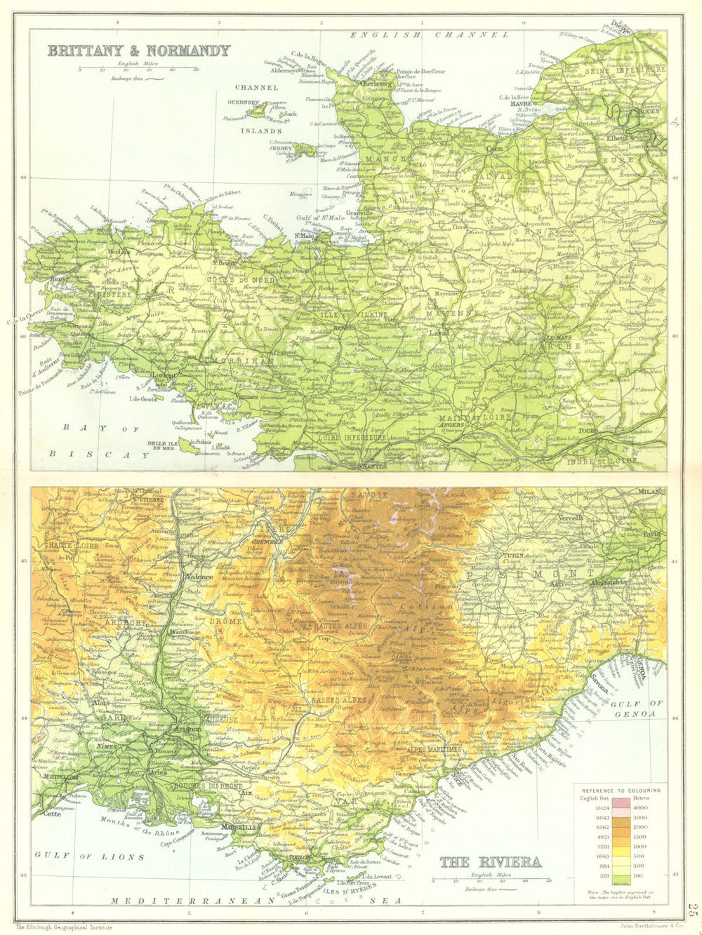 FRANCE. Brittany & Normandy; The Riviera Cote d'Azur Côte d'Azur  1909 old map