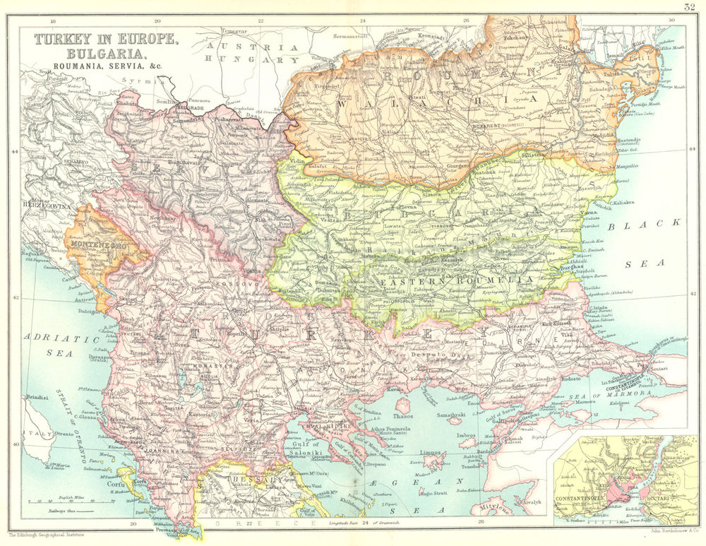 BALKANS. Turkey In Europe.Bulgaria Servia Romania; Constantinople 1909 old map