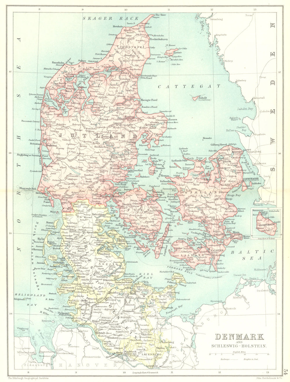 DENMARK & SCHLESWIG-HOLSTEIN. Lauenburg. Inset map of Bornholm 1909 old