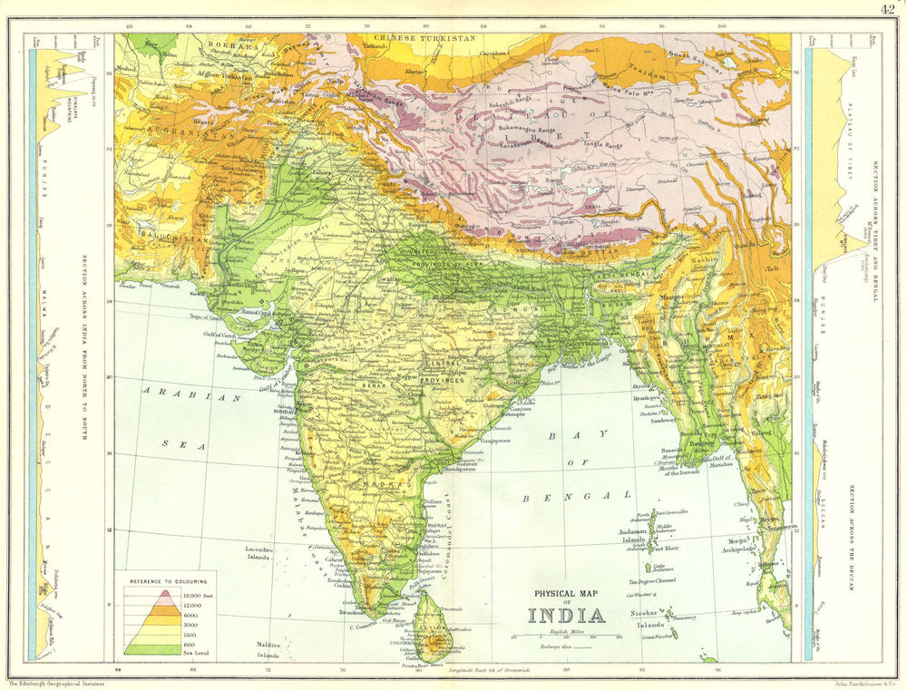 INDIA PHYSICAL.With Sections N-S ;across Tibet-Bengal & Deccan 1909 old map