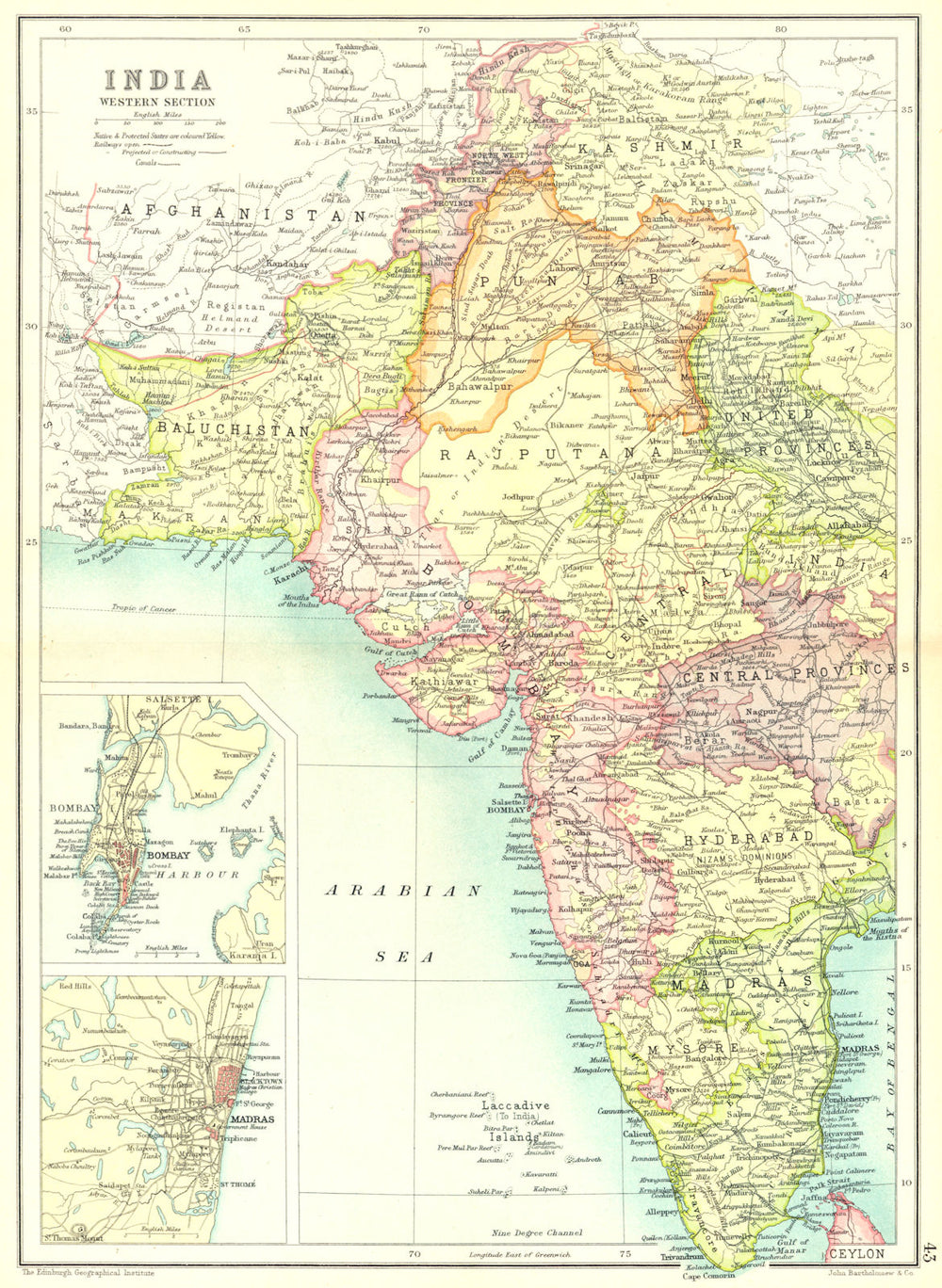 WEST INDIA. Inset Mumbai Bombay Chennai Madras. Showing native states 1909 map