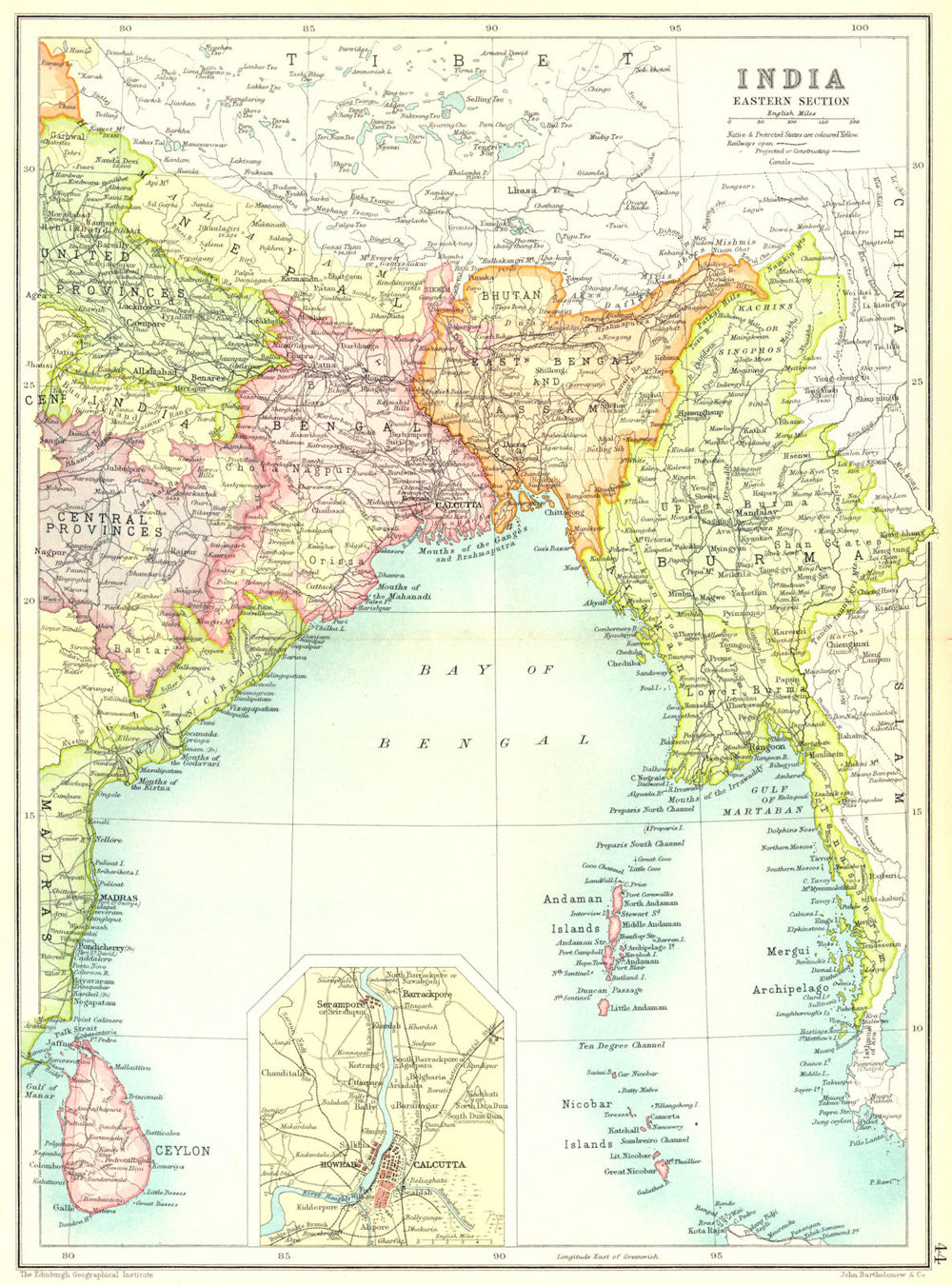 INDIA EAST BURMA CEYLON BENGAL. Calcutta Kolkata. Sri Lanka Bangladesh 1909 map