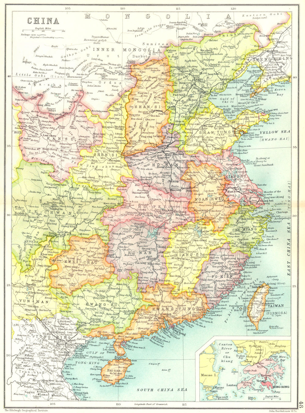CHINA. Showing provinces. Inset map of Hong Kong. Cassells 1909 old