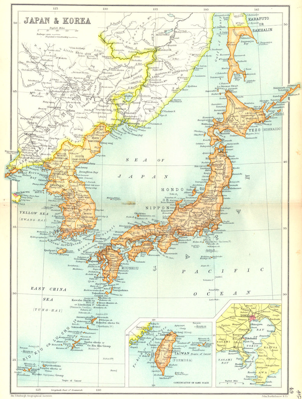 JAPAN & KOREA. Inset maps of Taiwan; Tokyo. Cassells 1909 old antique