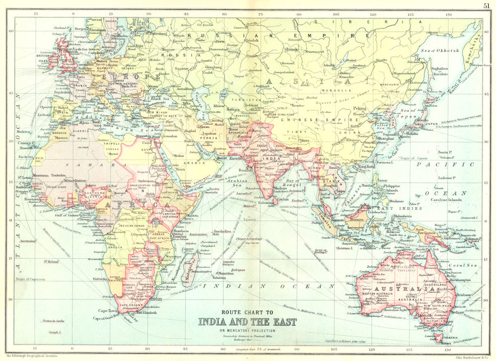 BRITISH EMPIRE Route Chart to India, Far East, Australia & New Zealand 1909 map