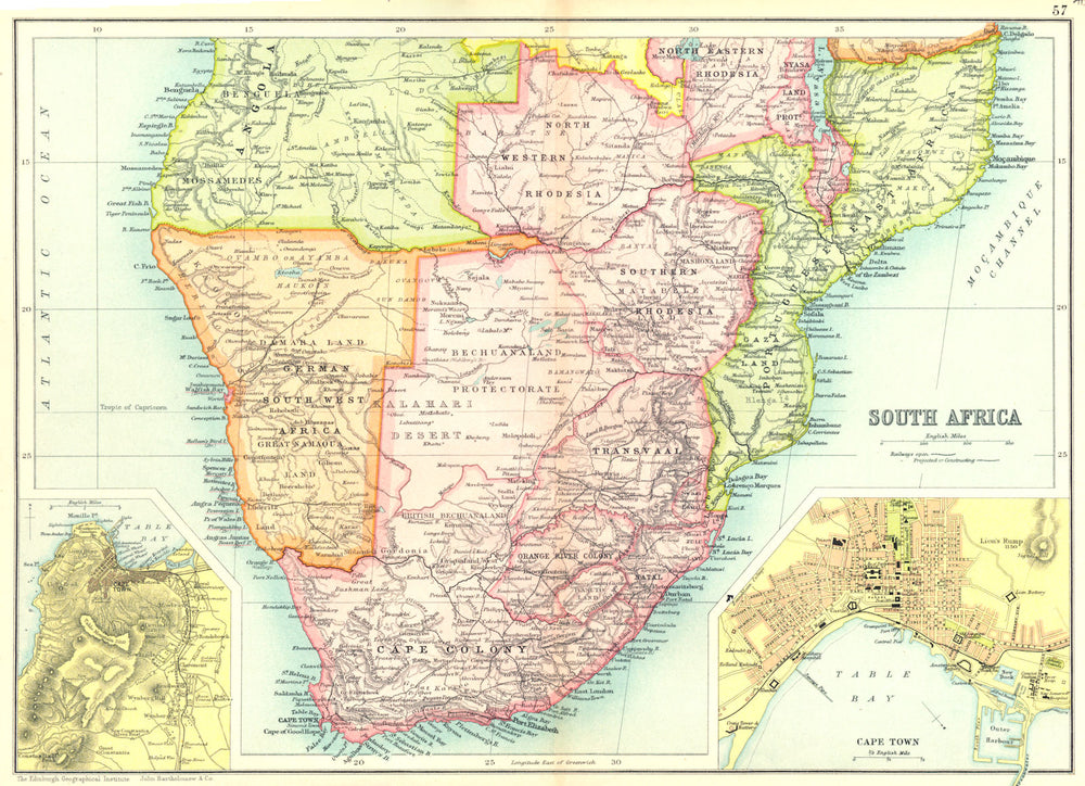 SOUTH AFRICA. Rhodesia Zimbabwe Botswana Namibia Mozambique; Cape Town 1909 map
